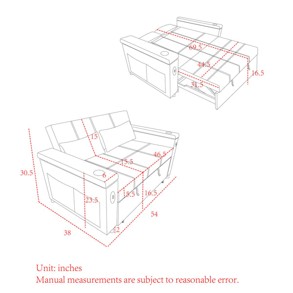 English Elm 54" Multifunctional Pull-Out Sleeper Sofa Bed with Recliner, Storage, Side Pockets, USB Outlet, Lumbar Pillow Beige W1853S00003
