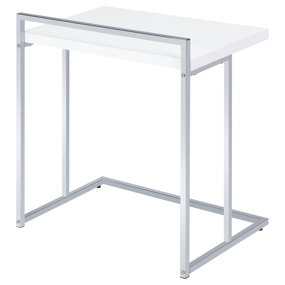 English Elm White White High Gloss Rectangular Snack Table with Extra-Wide Tray, Chrome Metal Legs, Slide-Under Design for Comfort and Serving B062P156868