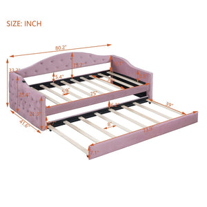 English Elm Twin Velvet Tufted Daybed with Pull Out Trundle and Built in Usb Charging Ports N733S422848H