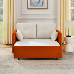 English Elm 53" Modern Convertible Velvet Sofa Bed with USB Port, Removable Arms, Trundle Pull-Out & 2 Pillows Beige W1853P144292