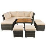 English Elm Patio Furniture Set, 10 Piece Outdoor Conversation Set, Coffeetable With Ottomans, Solid Wood Coffee Table