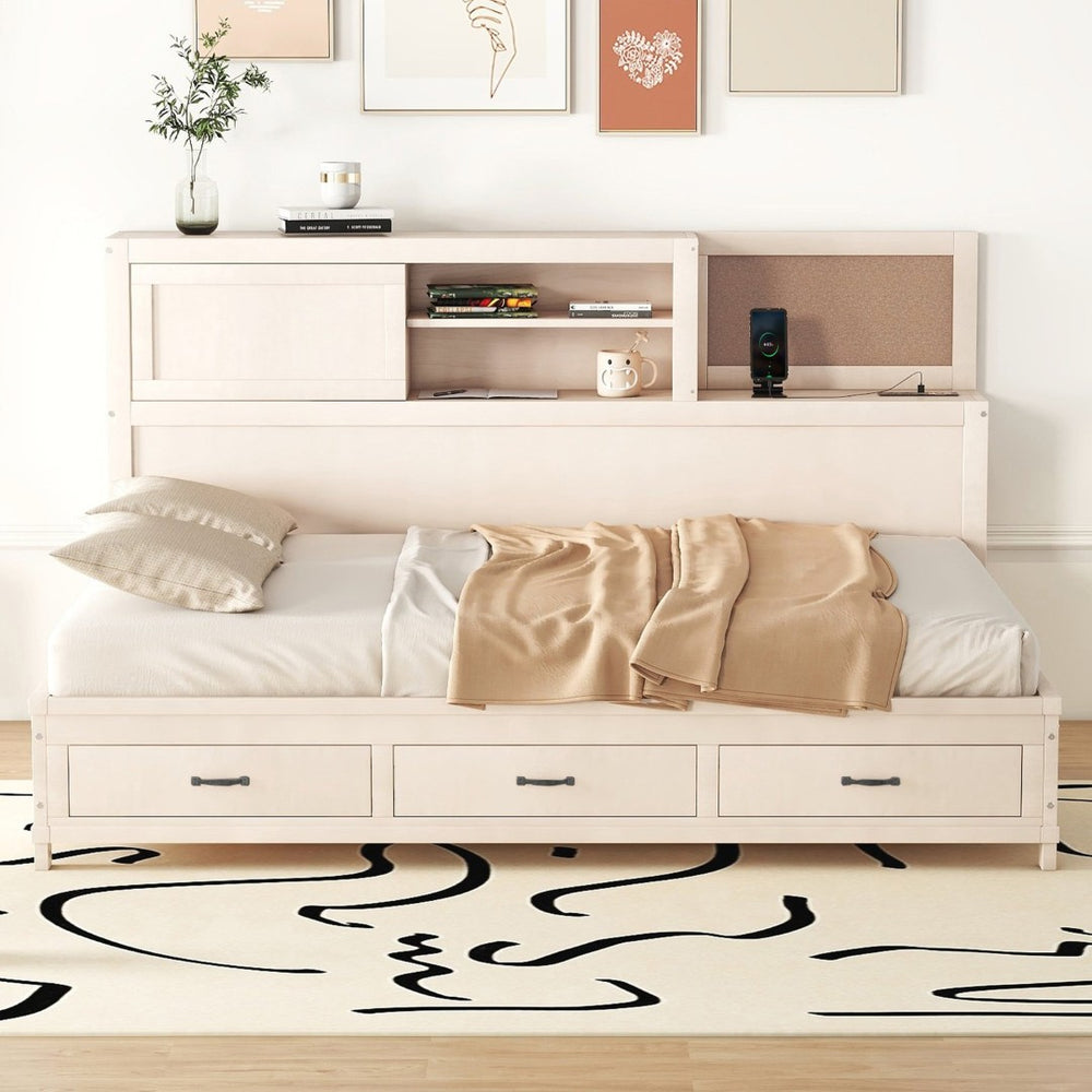 English Elm Full Size Gray Wood Daybed with Storage Drawers Shelf Usb Charging Upholstered Back LP002025AAK-1