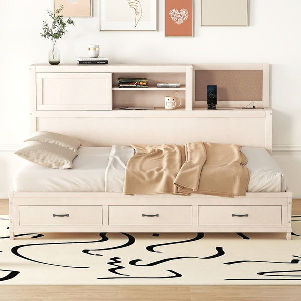 English Elm Full Size Gray Wood Daybed with Storage Drawers Shelf Usb Charging Upholstered Back LP002025AAK-1