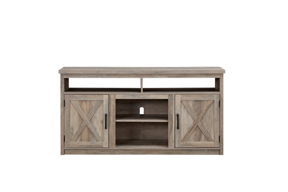 English Elm Farmhouse Barn Door TV Media Stand Gray Wash Wood Grain Console for TVs up to 65" with Open & Closed Storage and Cable Management — 61.8"L x 18.9"W x 30.3"H W2275P149121