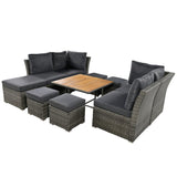 English Elm Patio Furniture Set, 10 Piece Outdoor Conversation Set, Coffeetable With Ottomans, Solid Wood Coffee Table