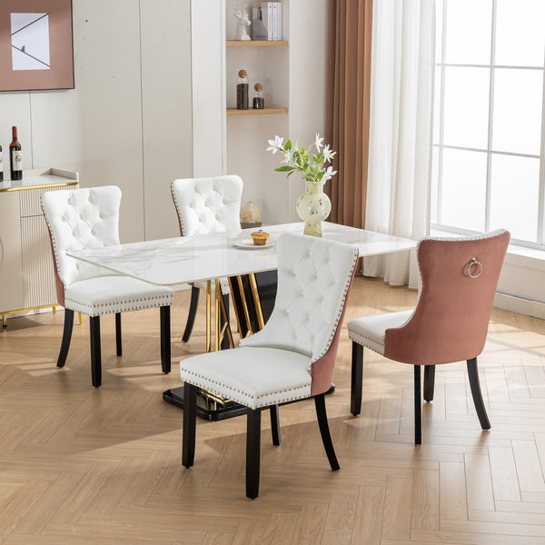 English Elm A&A Modern Nikki Tufted Dining Chair Set of 2 — White PU & Pink Velvet, Solid Wood Legs, Nailhead Trim, Chic W1143P357046