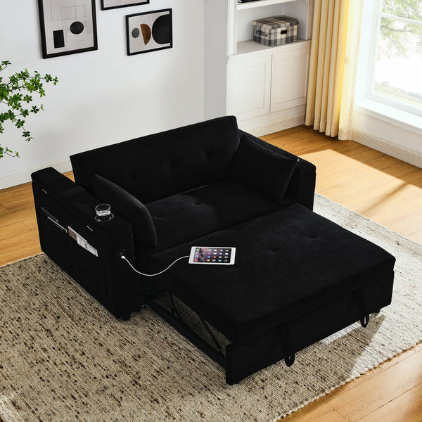 English Elm 54" Multifunctional Pull-Out Sleeper Sofa Bed with Recliner, Storage, Side Pockets, USB Outlet, Lumbar Pillow Black W1853S00002