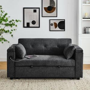 English Elm 54" Multifunctional Pull-Out Sleeper Sofa Bed with Recliner, Storage, Side Pockets, USB Outlet, Lumbar Pillow Grey W1853S00001