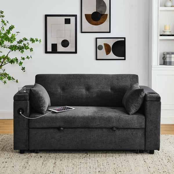 English Elm 54" Multifunctional Pull-Out Sleeper Sofa Bed with Recliner, Storage, Side Pockets, USB Outlet, Lumbar Pillow Grey W1853S00001