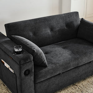 English Elm 54" Multifunctional Pull-Out Sleeper Sofa Bed with Recliner, Storage, Side Pockets, USB Outlet, Lumbar Pillow Grey W1853S00001