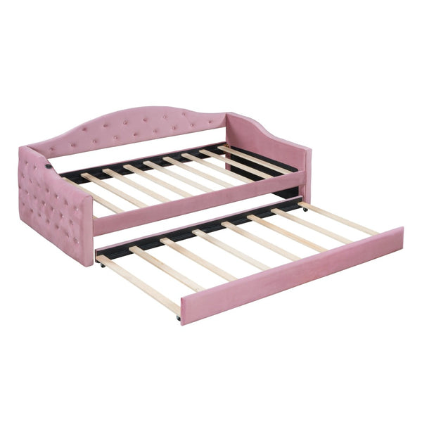English Elm Twin Velvet Tufted Daybed with Pull Out Trundle and Built in Usb Charging Ports N733S422848H