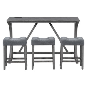 English Elm Bar Table Set with Stools Built-in Charging Outlet Industrial Loft Dining W1781P145876