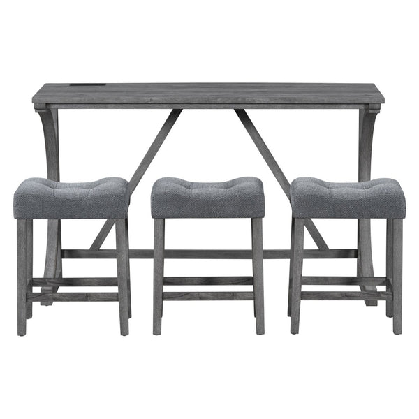 English Elm Bar Table Set with Stools Built-in Charging Outlet Industrial Loft Dining W1781P145876