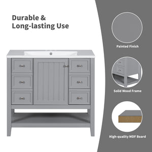 English Elm 36" Stylish Bathroom Vanity With Ceramic Sink, Solid Wood, 1 Cabinet & 3 Drawers, Grey Finish N725P246500E