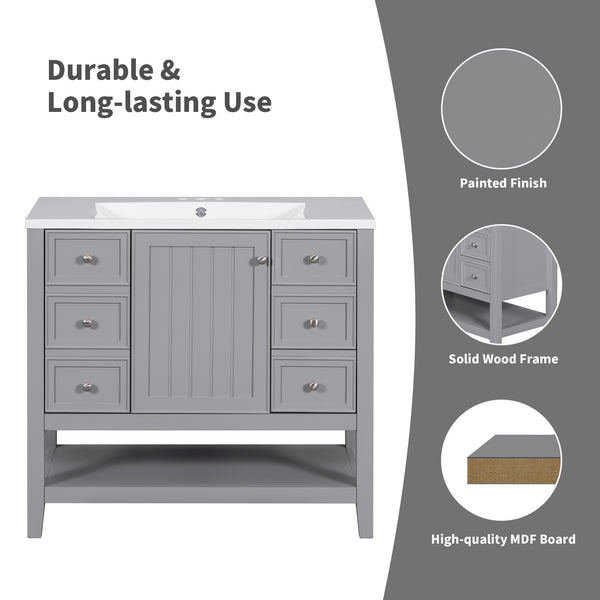 English Elm 36" Stylish Bathroom Vanity With Ceramic Sink, Solid Wood, 1 Cabinet & 3 Drawers, Grey Finish N725P246500E