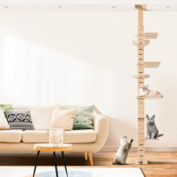 English Elm 9' Floor to Ceiling Pine Cat Tree Multi Level Climbing Tower with Flannel Perch Shelves W2181P156876