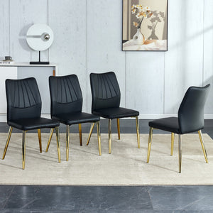 English Elm Four Black Dining Chairs. A Medieval Modern Chair Made Of Pu Material With Soft Cushions, Equipped With Golden Metal Legs. Suitable For Restaurants and Living Rooms