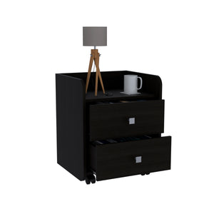 English Elm Nightstand with Two Drawers & Open Shelf, 22"H Black Engineered Wood, Metal Handles, Modern Durable Design B097133085