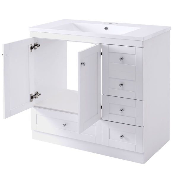 English Elm 36 Inch Shaker Style Free-Standing Bathroom Vanity Cabinet with Resin Sink, Soft-Close Storage Elegance White SV000021AAK
