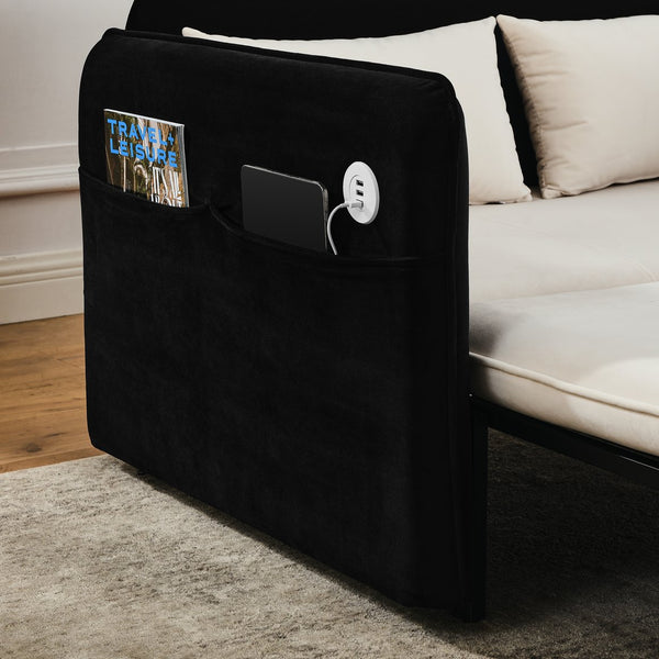 English Elm 53" Modern Convertible Velvet Sofa Bed with USB Port, Removable Arms, Trundle Pull-Out & 2 Pillows Beige+Black W1853P144294