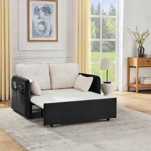 English Elm 53" Modern Convertible Velvet Sofa Bed with USB Port, Removable Arms, Trundle Pull-Out & 2 Pillows Beige+Grey W1853P144297