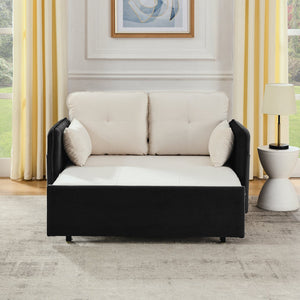 English Elm 53" Modern Convertible Velvet Sofa Bed with USB Port, Removable Arms, Trundle Pull-Out & 2 Pillows Beige+Grey W1853P144297