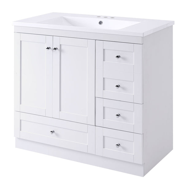 English Elm 36 Inch Shaker Style Free-Standing Bathroom Vanity Cabinet with Resin Sink, Soft-Close Storage Elegance White SV000021AAK