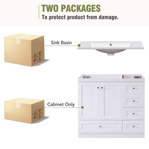 English Elm 36 Inch Shaker Style Free-Standing Bathroom Vanity Cabinet with Resin Sink, Soft-Close Storage Elegance White SV000021AAK