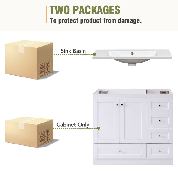 English Elm 36 Inch Shaker Style Free-Standing Bathroom Vanity Cabinet with Resin Sink, Soft-Close Storage Elegance White SV000021AAK