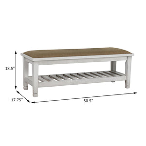 English Elm Antique White Upholstered Bench with Slatted Shelf, Farmhouse Coastal Charm, 50.5" Wide Storage Seat B062P153591