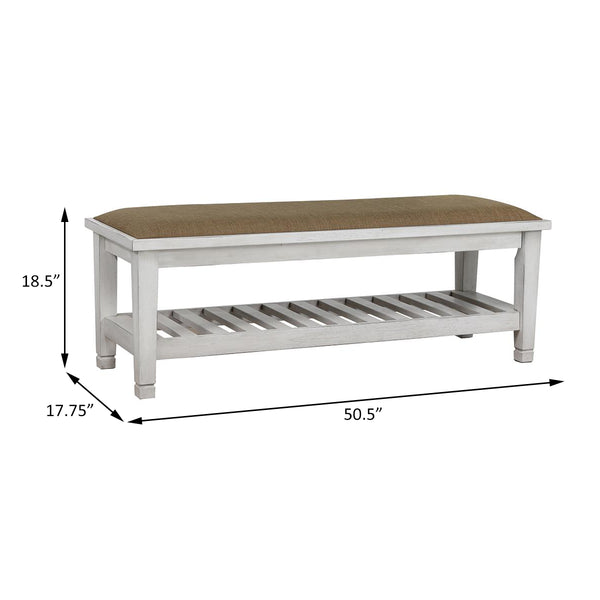 English Elm Antique White Upholstered Bench with Slatted Shelf, Farmhouse Coastal Charm, 50.5" Wide Storage Seat B062P153591