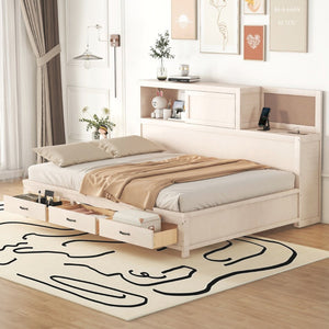 English Elm Full Size Gray Wood Daybed with Storage Drawers Shelf Usb Charging Upholstered Back LP002025AAK-1