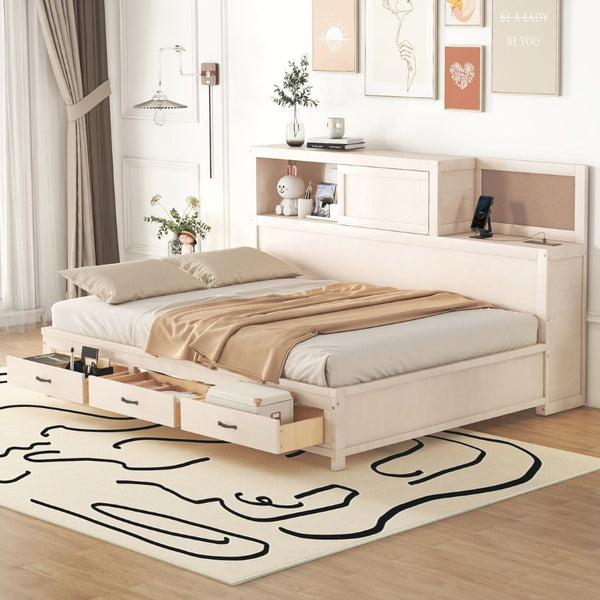 English Elm Full Size Gray Wood Daybed with Storage Drawers Shelf Usb Charging Upholstered Back LP002025AAK-1