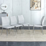 English Elm Four Light Gray Dining Chairs. A Medieval Modern Chair Made Of Pu Material With Soft Cushions and Silver Metal Legs. Suitable For Restaurants and Living Rooms