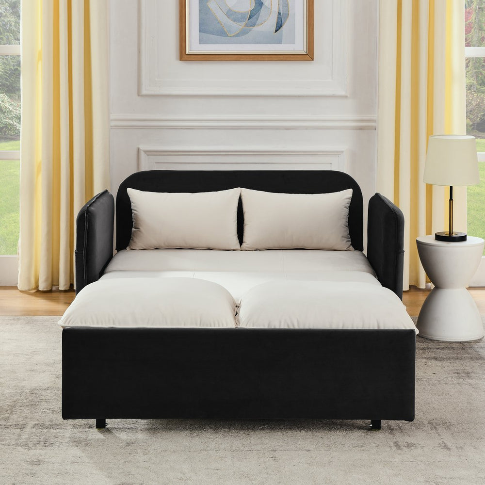 English Elm 53" Modern Convertible Velvet Sofa Bed with USB Port, Removable Arms, Trundle Pull-Out & 2 Pillows Beige+Grey W1853P144297