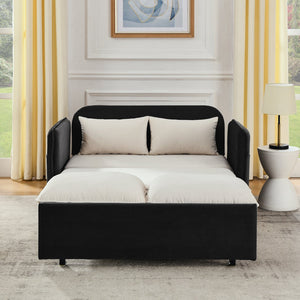 English Elm 53" Modern Convertible Velvet Sofa Bed with USB Port, Removable Arms, Trundle Pull-Out & 2 Pillows Beige+Grey W1853P144297