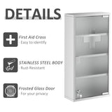 English Elm Kleankin Wall Mounted Medicine Cabinet, Locking Wall Cabinet With 4 Tier Shelves, Stainless Steel Frame and Glass Door, Lockable With 2 Keys, Silver, 12" X 24"