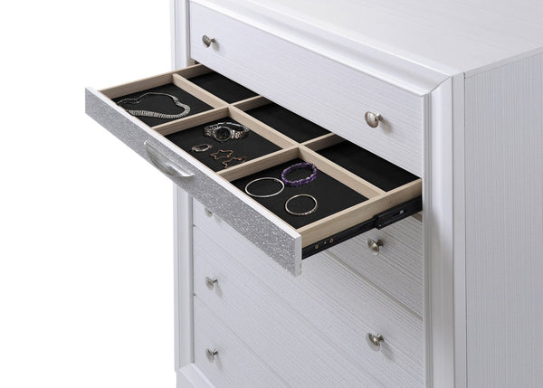 English Elm Traditional Queen Matrix 5-Pc Storage Bedroom Set in White Engineered Wood with Drawers, Mirror & Chest 808857593627