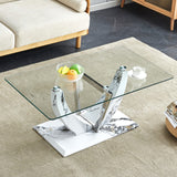 English Elm Modern Minimalist Transparent Tempered Glass Coffee Table With Marble Patterned Mdf Legs and Stainless Steel Decorative Columns. Computer Desk. Game Table. Ct-907