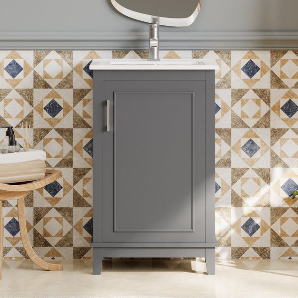 English Elm 20 Inch Modern Small Bathroom Vanity Cabinet with Ceramic Basin, Soft-Close Door & Storage Gray WF318756AAE