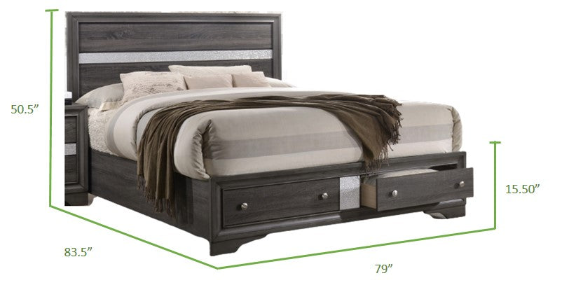 English Elm Traditional King Size Storage Bed in Gray Wood Finish with Crafted Headboard & Dual Drawers for Durable Style and Practicality 808857710604