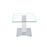 English Elm Modern Minimalist Coffee Table. Transparent Tempered Glass Tabletop With Silver Mdf Pillars. Suitable For Living Room and Dining Room