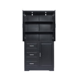 English Elm Tall and Wide Storage Cabinet With Doors For Bathroom/Office, Three Drawers, Black