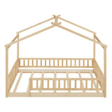 Hearth and Haven Full Size Wood Bed House Bed Frame with Fence, For Kids, Teens, Girls, Boys, Natural WF302177AAN