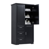 English Elm Tall and Wide Storage Cabinet With Doors For Bathroom/Office, Three Drawers, Black