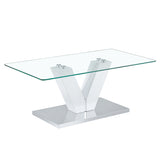 English Elm Modern Minimalist Coffee Table. Transparent Tempered Glass Tabletop With Silver Mdf Pillars. Suitable For Living Room and Dining Room