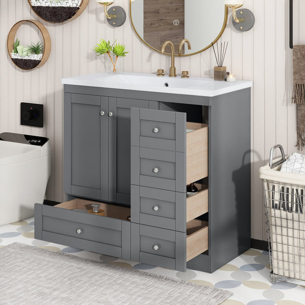 English Elm 36 Inch Shaker Style Free-Standing Bathroom Vanity Cabinet with Resin Sink, Soft-Close Storage Elegance Gray SV000021AAE