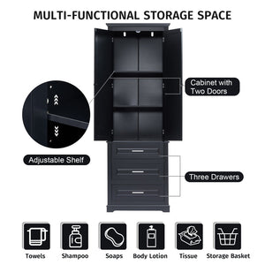 English Elm Tall Matte Black Storage Cabinet with Three Drawers and Enclosed Shelves for Home N725P333572B