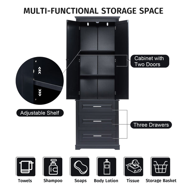 English Elm Tall Matte Black Storage Cabinet with Three Drawers and Enclosed Shelves for Home N725P333572B