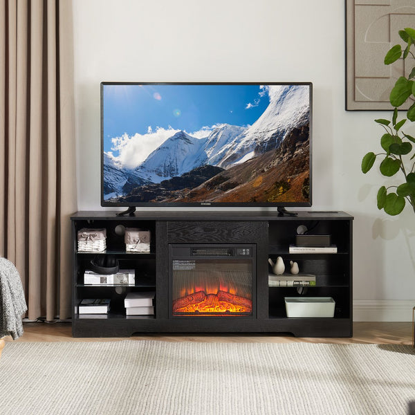 English Elm TV 58" Electric Fireplace TV Stand with 3D Realistic Flame, LED Lights, USB & AC Power Strip, Modern Media Console Black W2275P149867